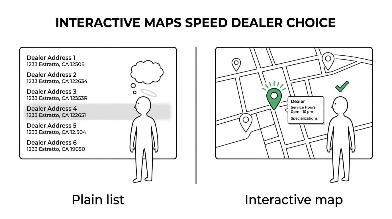 Side-by-side view of a basic dealer address list and an interactive locator map showing pins, service details, and coverage context.