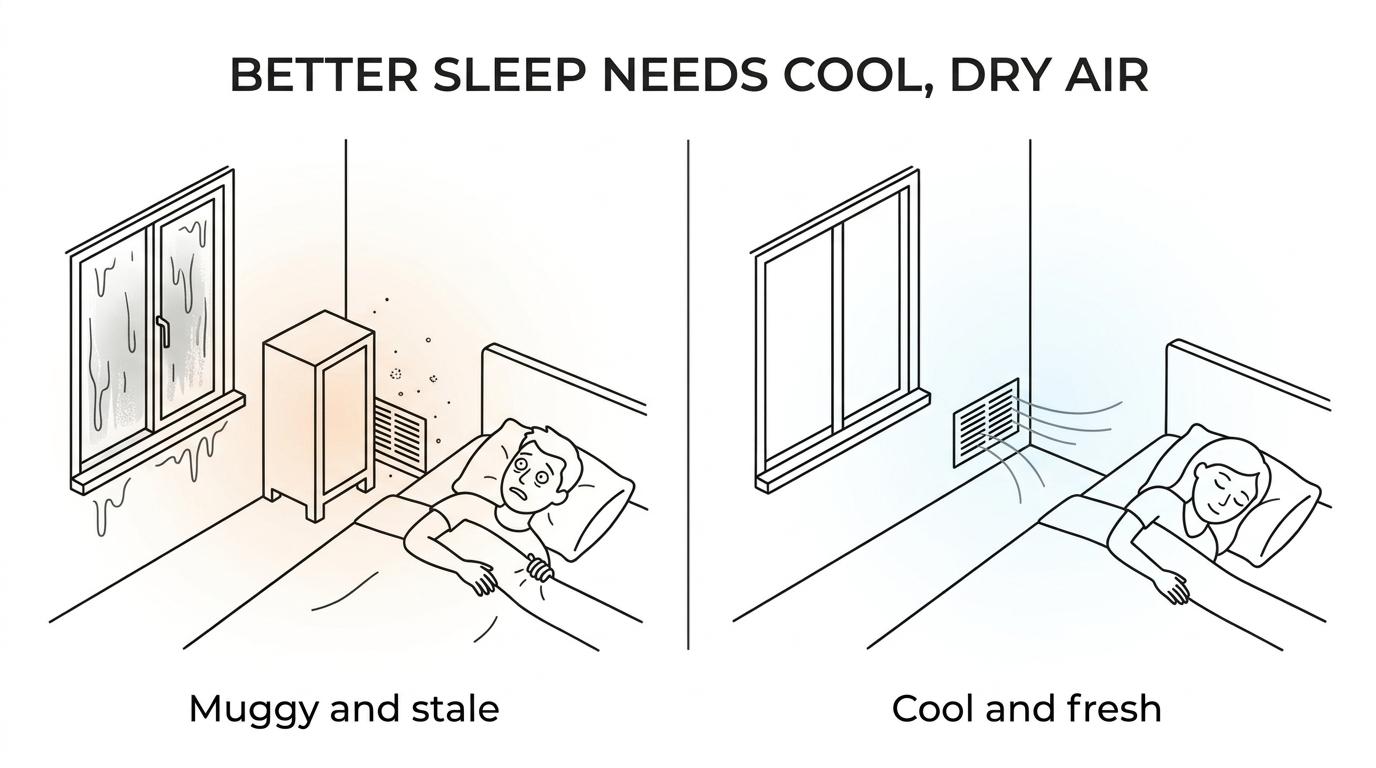 Side-by-side bedrooms showing fresh, balanced air on one side and muggy, stale, dusty air on the other.