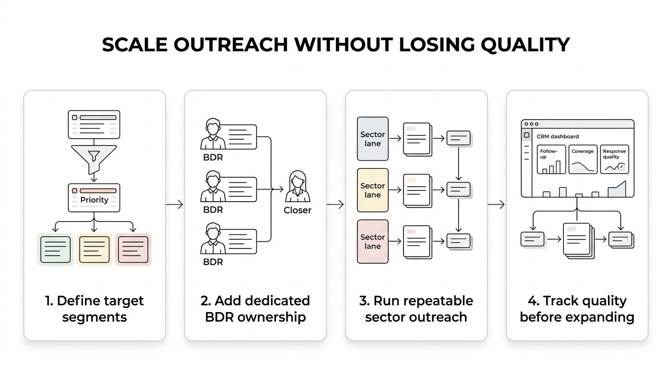 A seven-step process showing how B2B sales outreach scales from ICP definition to repeatable capacity expansion without losing quality.
