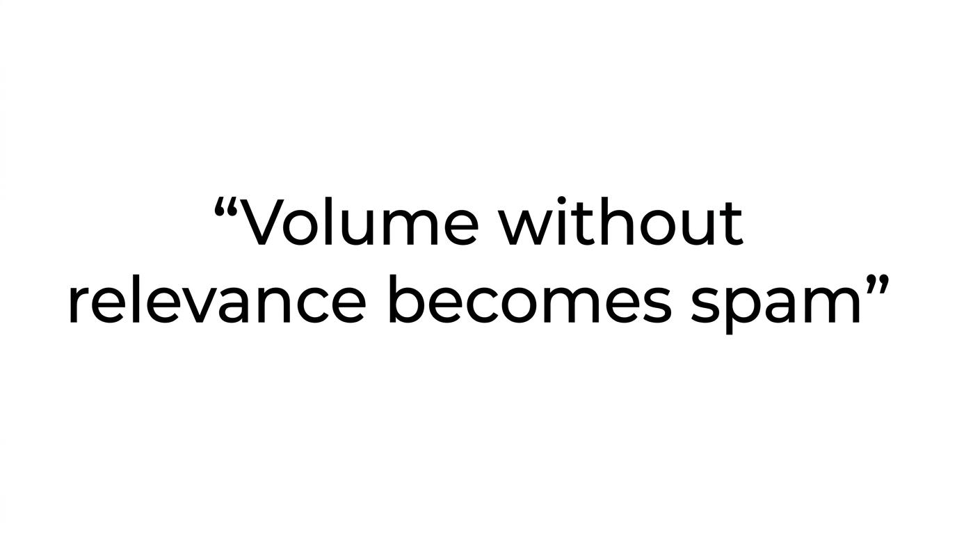 A quote card highlighting the line: Volume without relevance becomes spam.