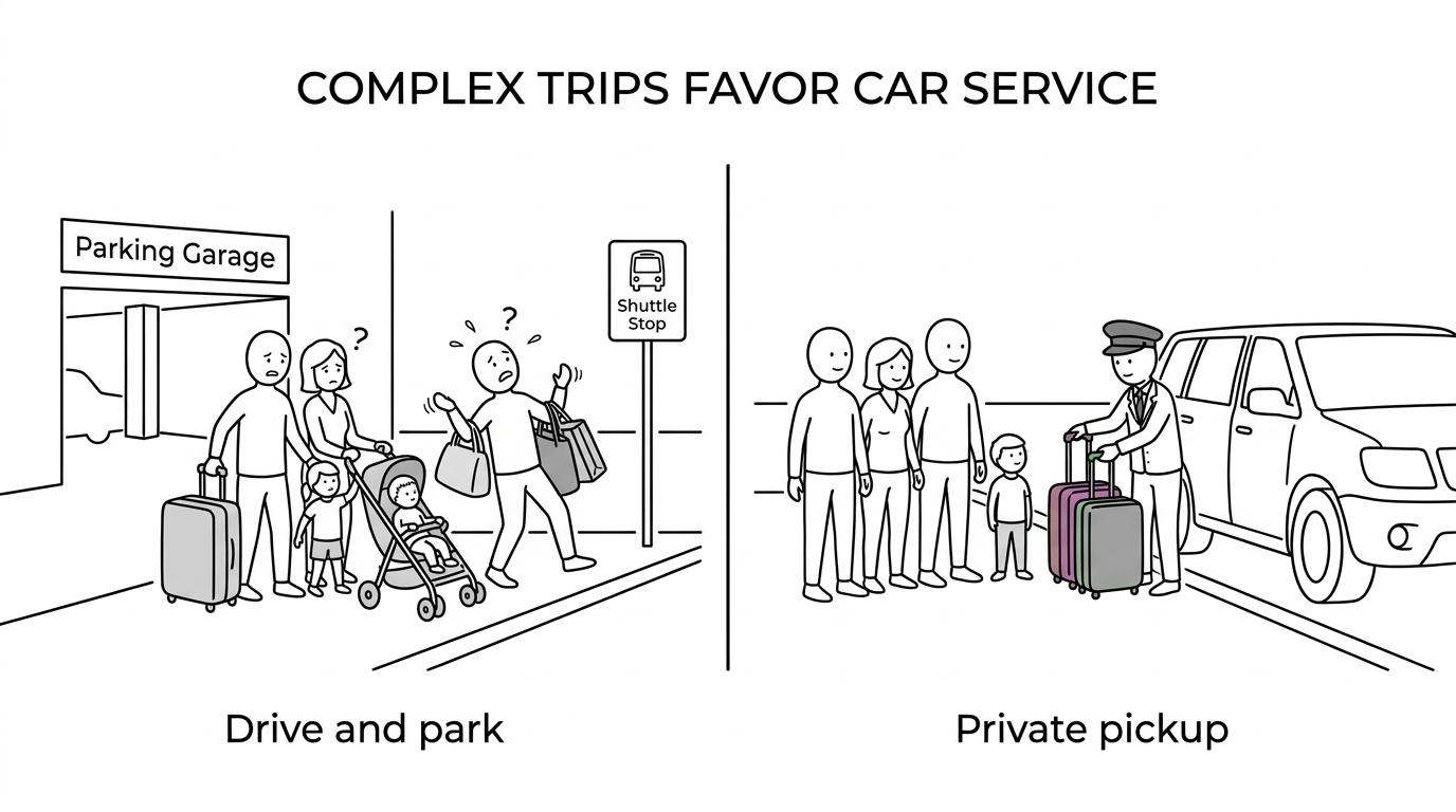 Side-by-side comparison of MCO self-parking, taxi or rideshare, and private car service for trips with different timing, luggage, and destination needs.