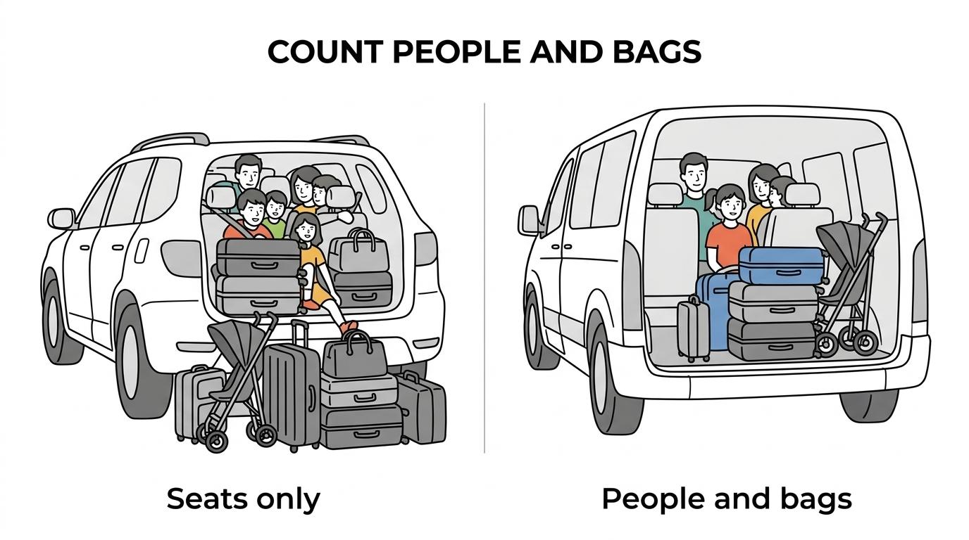 Side-by-side comparison of Orlando group vehicle options showing town car, SUV, van, and luxury van with passenger capacity and luggage-fit notes.
