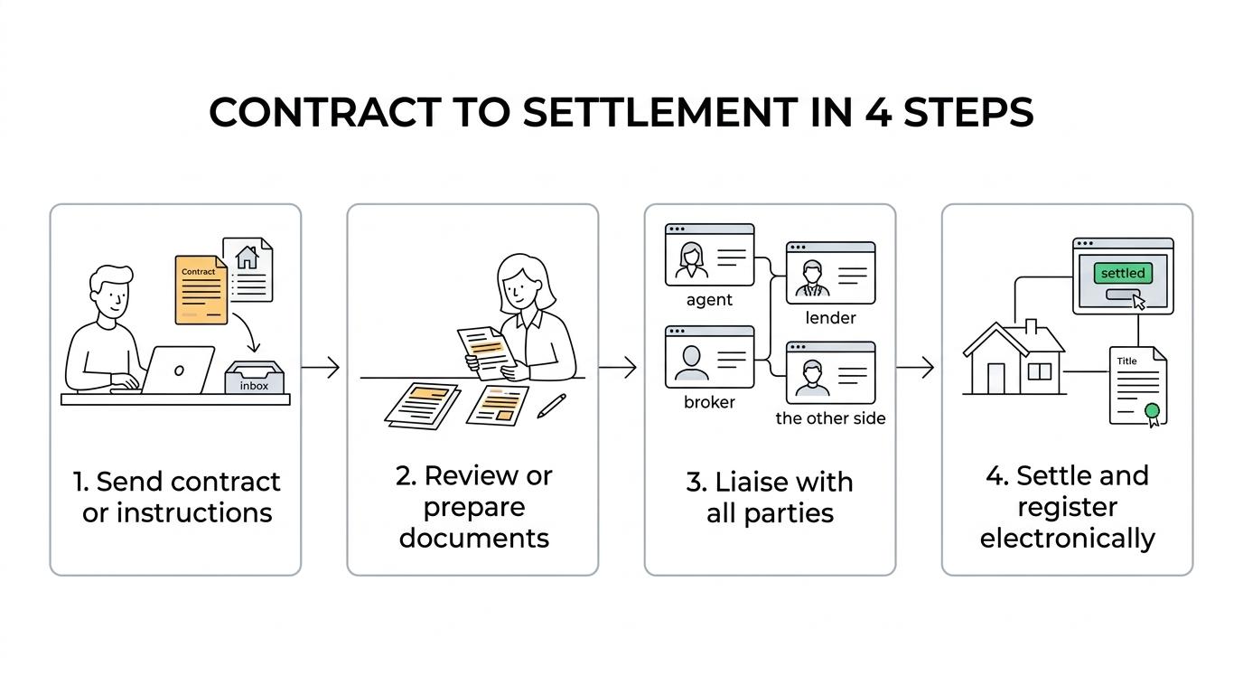 A step-by-step conveyancing flow showing contract review or preparation, legal checks and negotiation, electronic settlement, and final registration.