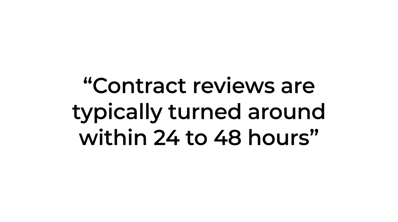 Large quote text highlighting a 24 to 48 hour turnaround for contract reviews.