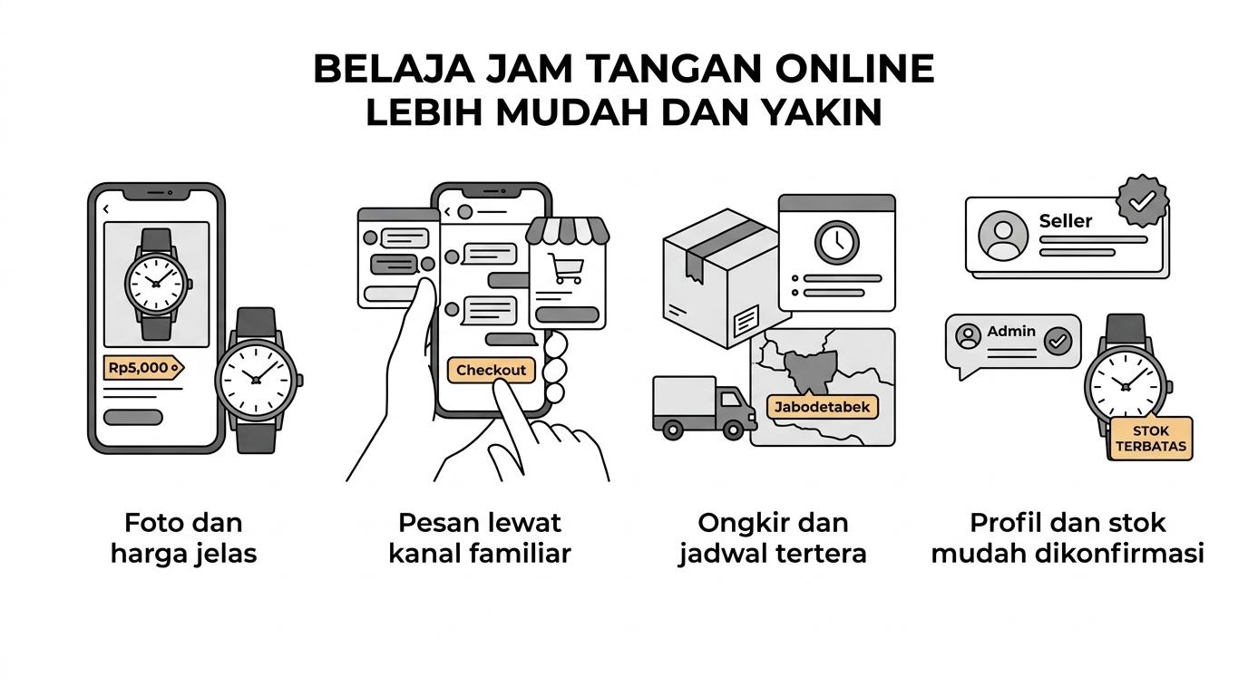 Infografik ringkas manfaat Nakoda Arloji: gaya timeless, foto produk jelas, harga terjangkau, kanal order mudah, dan opsi reseller atau dropship.