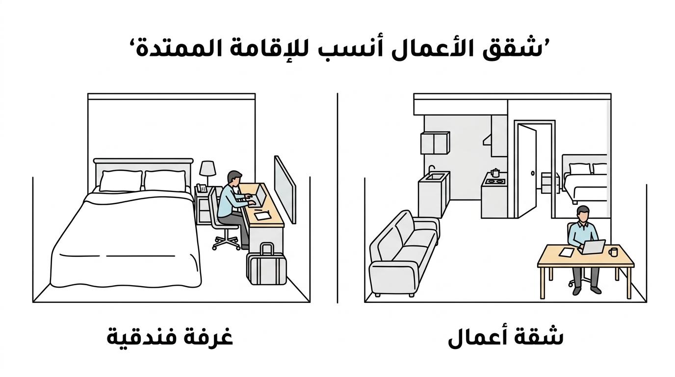 مقارنة بصرية بين شقة أعمال مخدومة تضم معيشة ومطبخاً وغرف نوم وغرفة فندقية تقليدية أصغر للإقامة القصيرة.