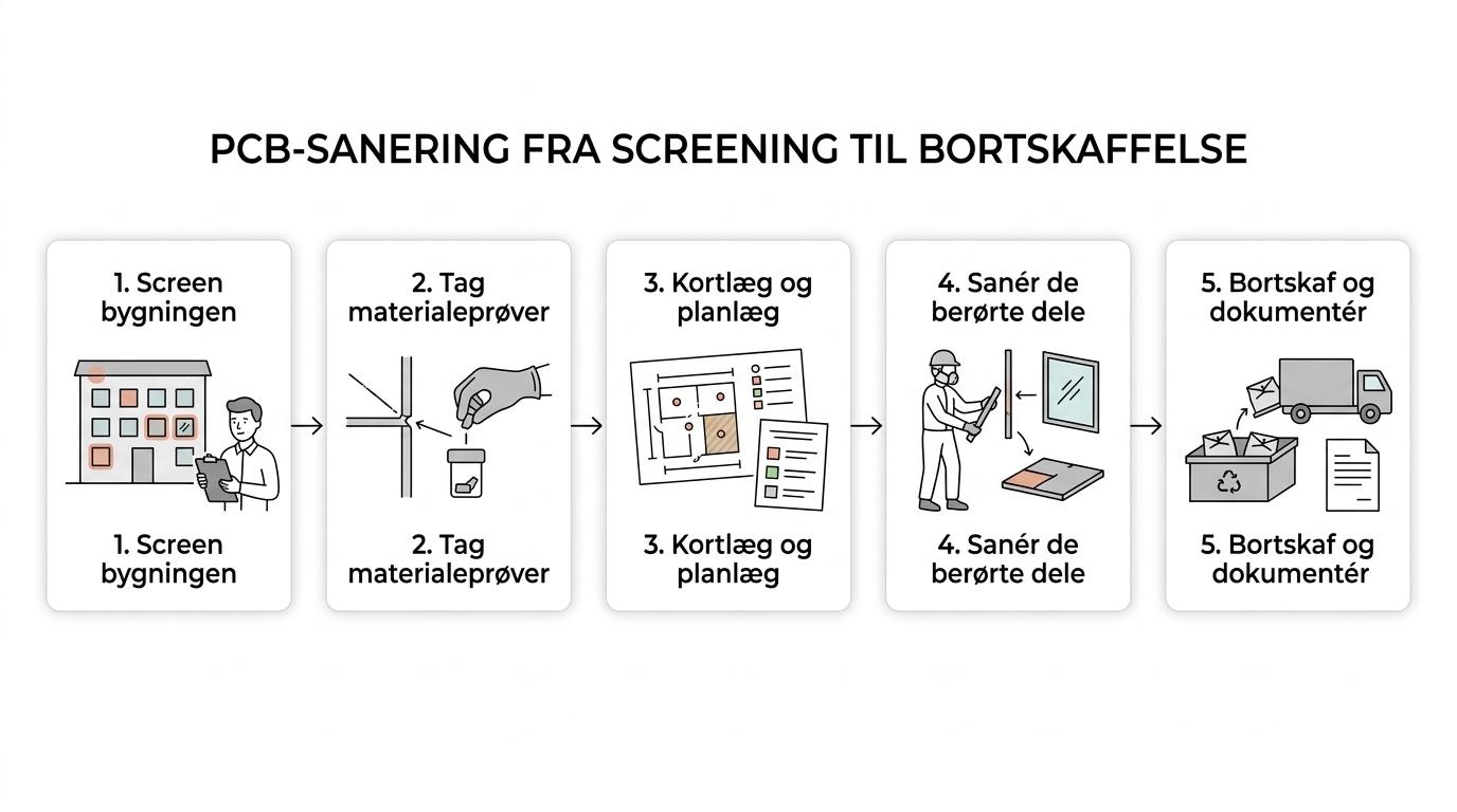 Fem trin i PCB-sanering: screening, prøvetagning, miljøkortlægning, sanering og bortskaffelse med dokumentation.
