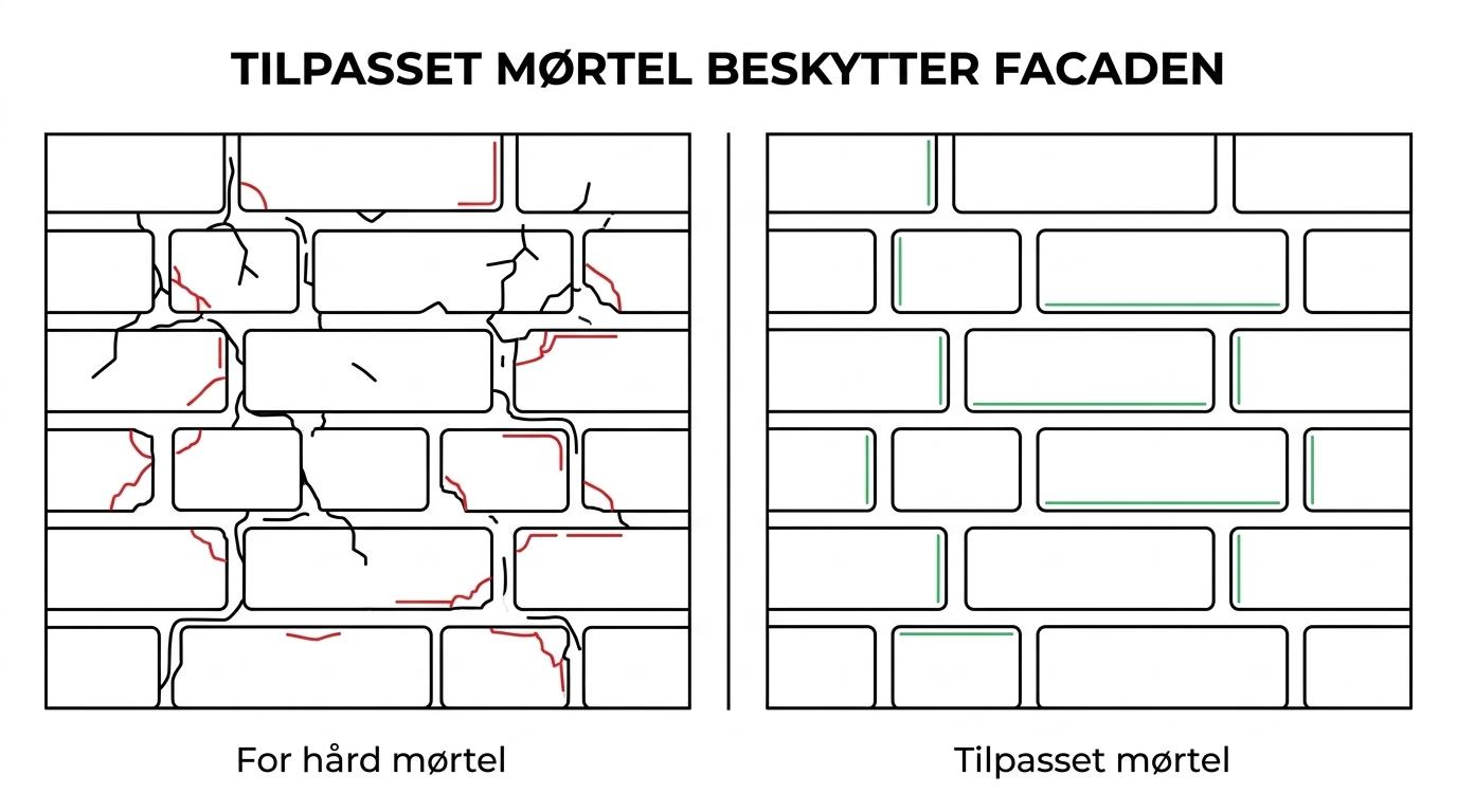 Sammenligning af to ældre murstensfacader: den ene med sunde fuger og intakte sten, den anden med for hård mørtel, revner og afskalninger.