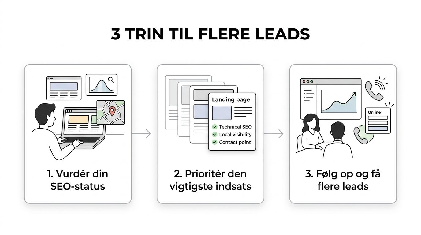 Tre-trins oversigt over Væksters SEO-rådgivning: vurdering af udgangspunkt, prioritering af indsats og løbende statusmøder.
