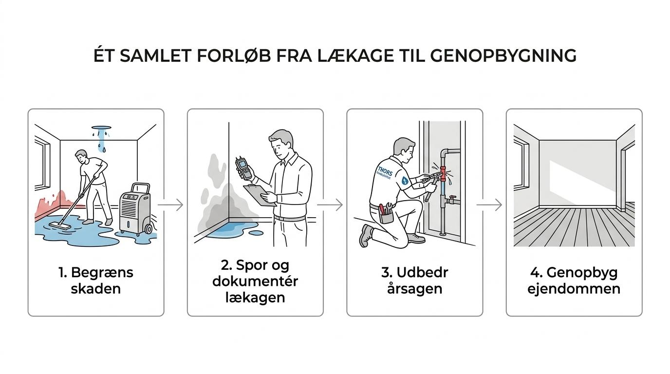 Trinvis oversigt over håndtering af skjult lækage: mistanke, akut udrykning, skadebegrænsning, dokumentation, reparation og genopbygning.