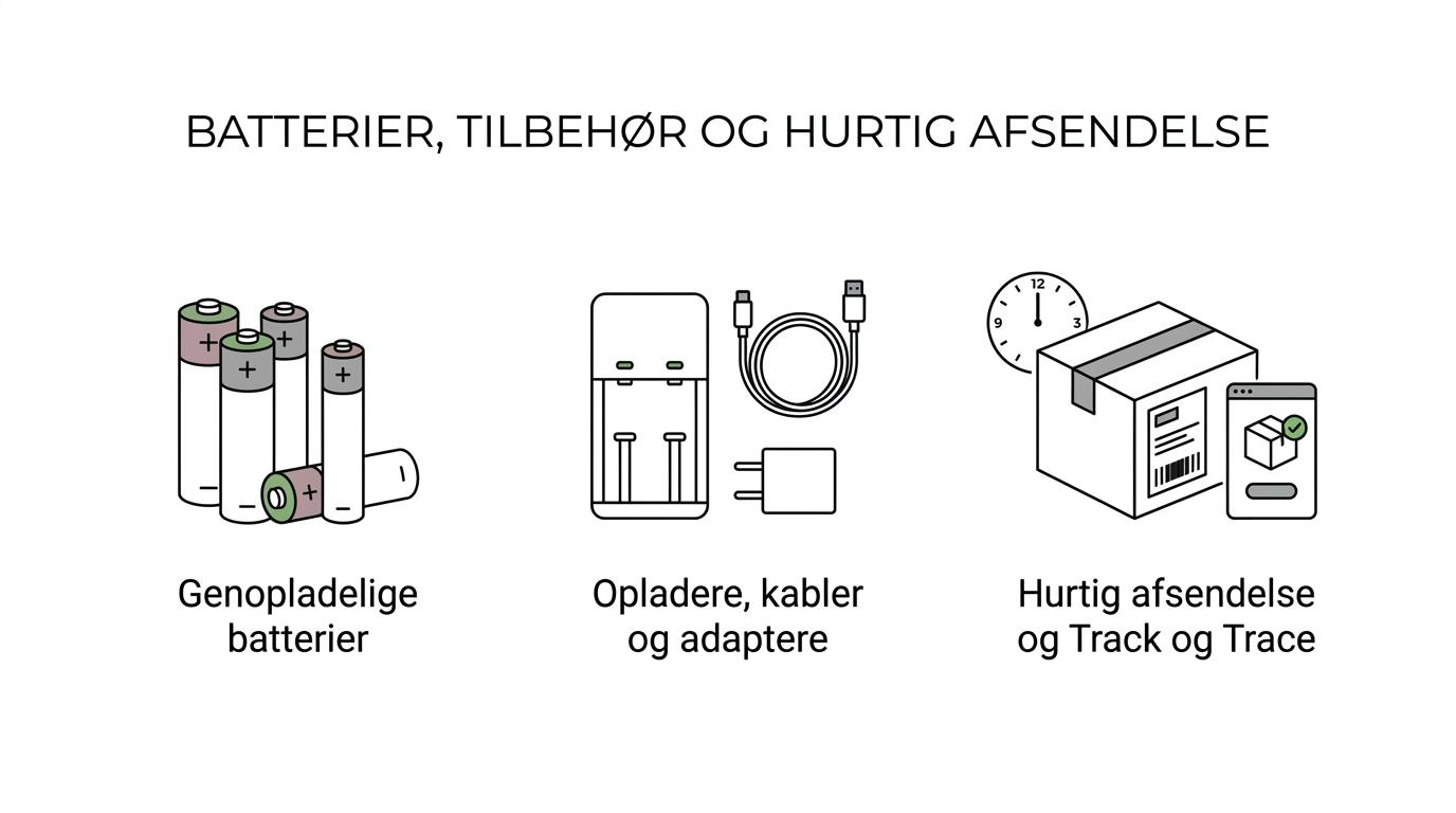 Oversigt med genopladelige batterier, oplader, kabler, levering og kundesupport samlet omkring T C S.