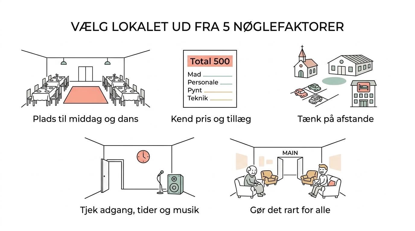 Grafisk oversigt over fem ting at vurdere ved et bryllupslokale: kapacitet, økonomi, logistik, praktiske vilkår og gæsternes oplevelse.
