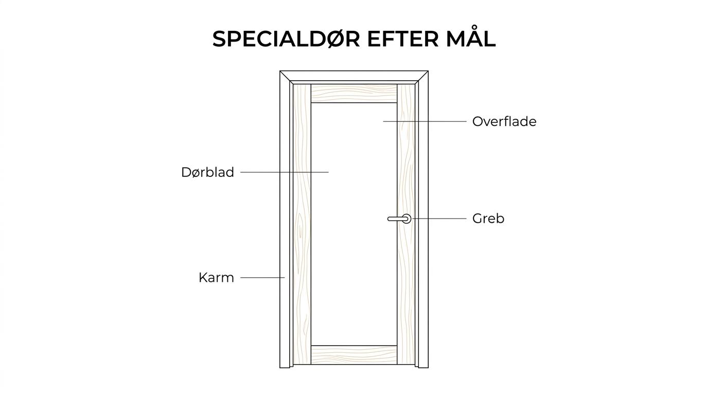 En indvendig egetræsdør med labels for karm, dørblad, måltilpasning, overflade, greb, skjulte hængsler og integreret dørlukker.