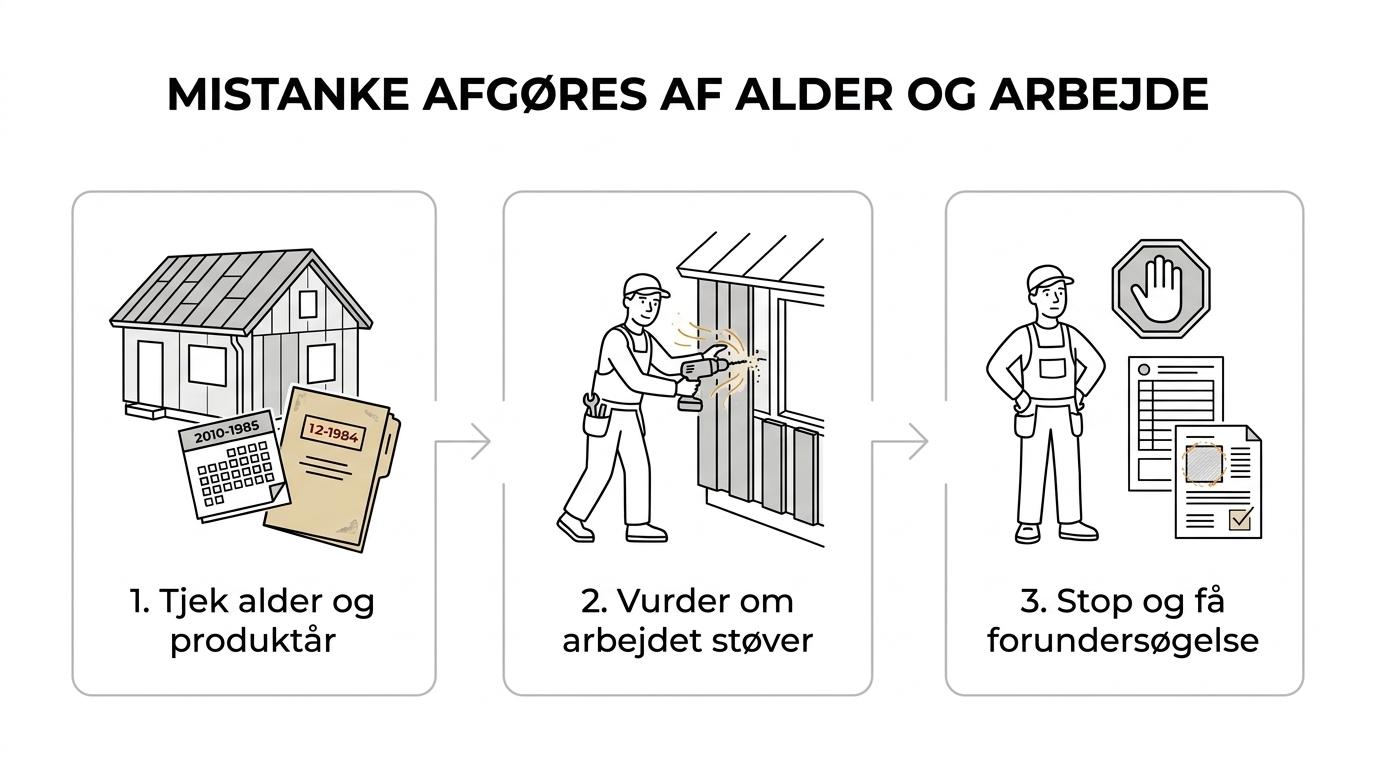 Flowchart showing how to assess fibercement: check age, identify profile or documentation, assess planned work, and stop for inspection if asbestos is possible.