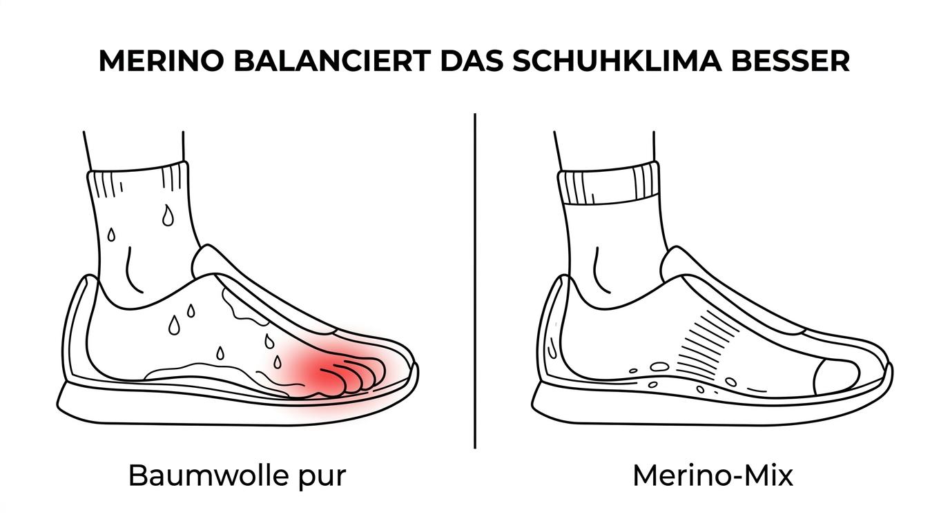 Comparison of Merino wool, cotton, and polyester socks with their different moisture, warmth, and comfort behavior in everyday shoes.