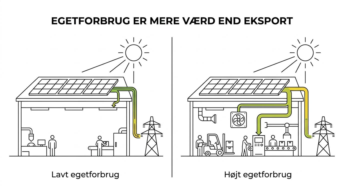Sammenligning af to virksomheder med lignende solcelleanlæg, hvor den ene bruger mest strøm i dagtimerne og den anden mest om aftenen, så egetforbrug og overskudsstrøm fordeler sig forskelligt.