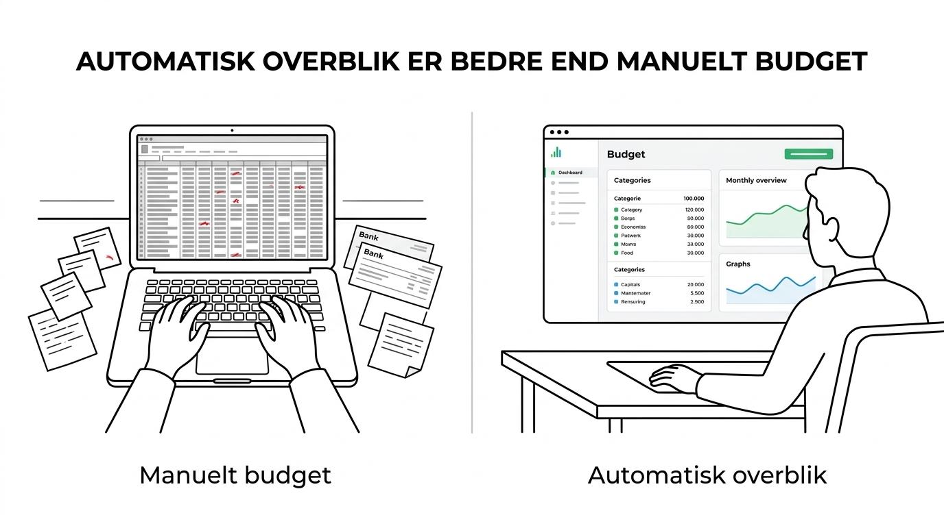 Sammenligning mellem et manuelt Excel-budget og My Money App med automatisk importerede, kategoriserede poster og grafisk månedsoversigt.