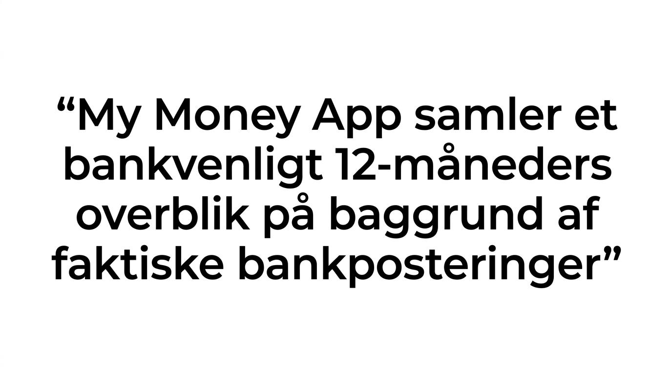 Fremhævet citat om et bankvenligt 12-måneders overblik baseret på faktiske bankposteringer.