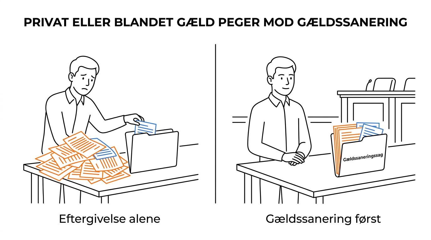 Sammenligning af eftergivelse af offentlig gæld og gældssanering ved privat eller blandet gæld.
