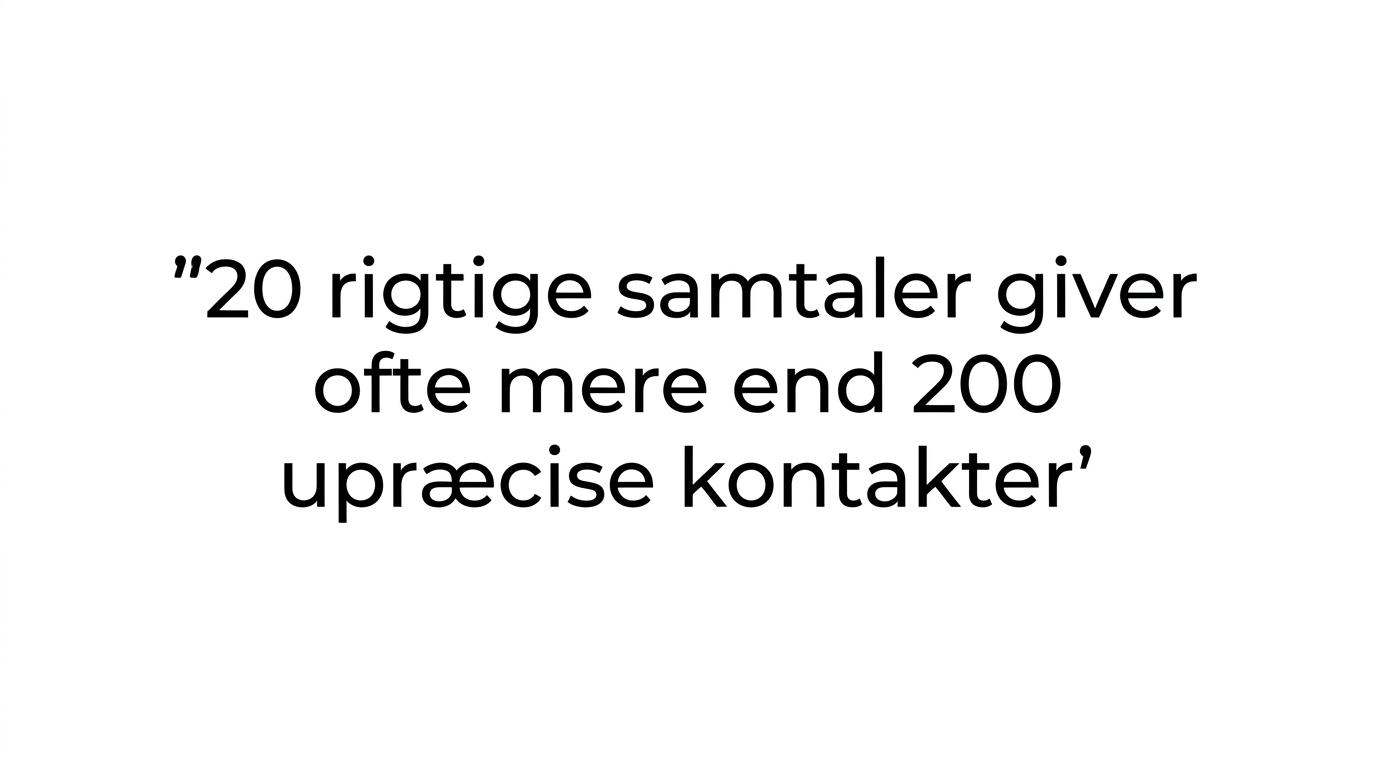 Fremhævet citat med teksten om, at 20 rigtige samtaler ofte giver mere end 200 upræcise kontakter.