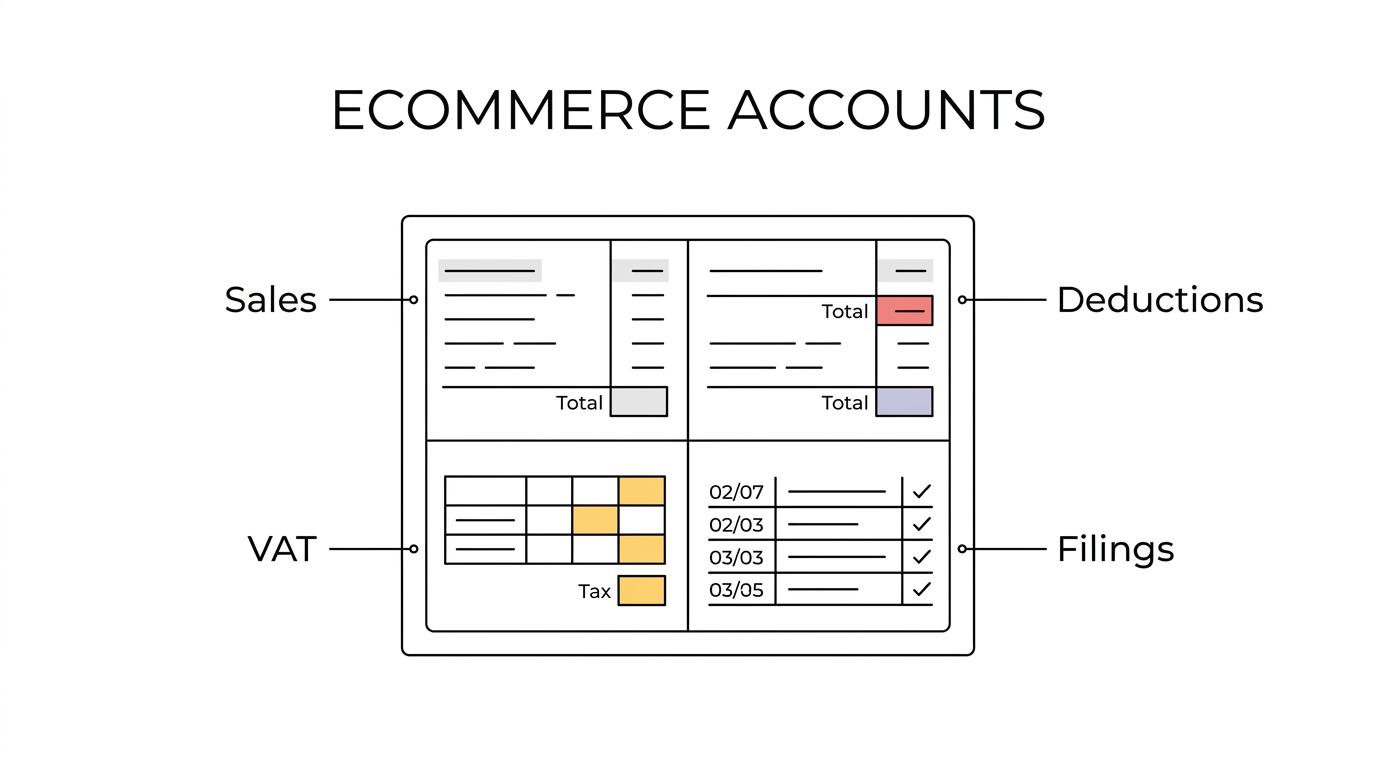 Labeled diagram showing ecommerce sales channels, marketplace fees, shipping costs, VAT records and HMRC filings feeding into one accounting system.
