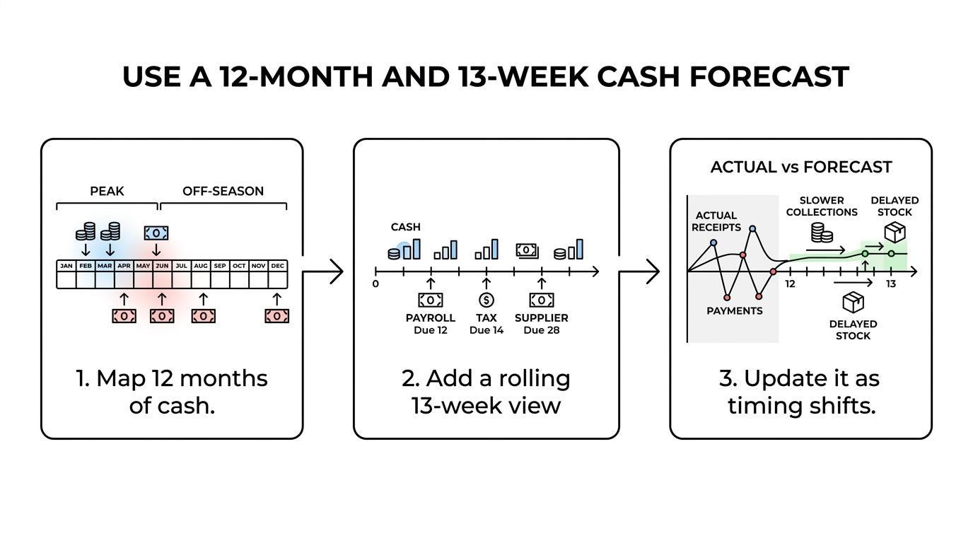 A step-by-step cash flow planning process showing a 12-month forecast, a 13-week rolling forecast, regular updates, and early action on cash gaps.