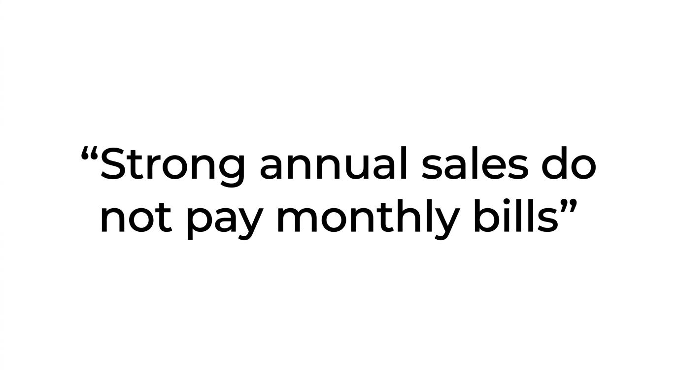 A quote graphic displaying the line, “Strong annual sales do not pay this month’s bills.”
