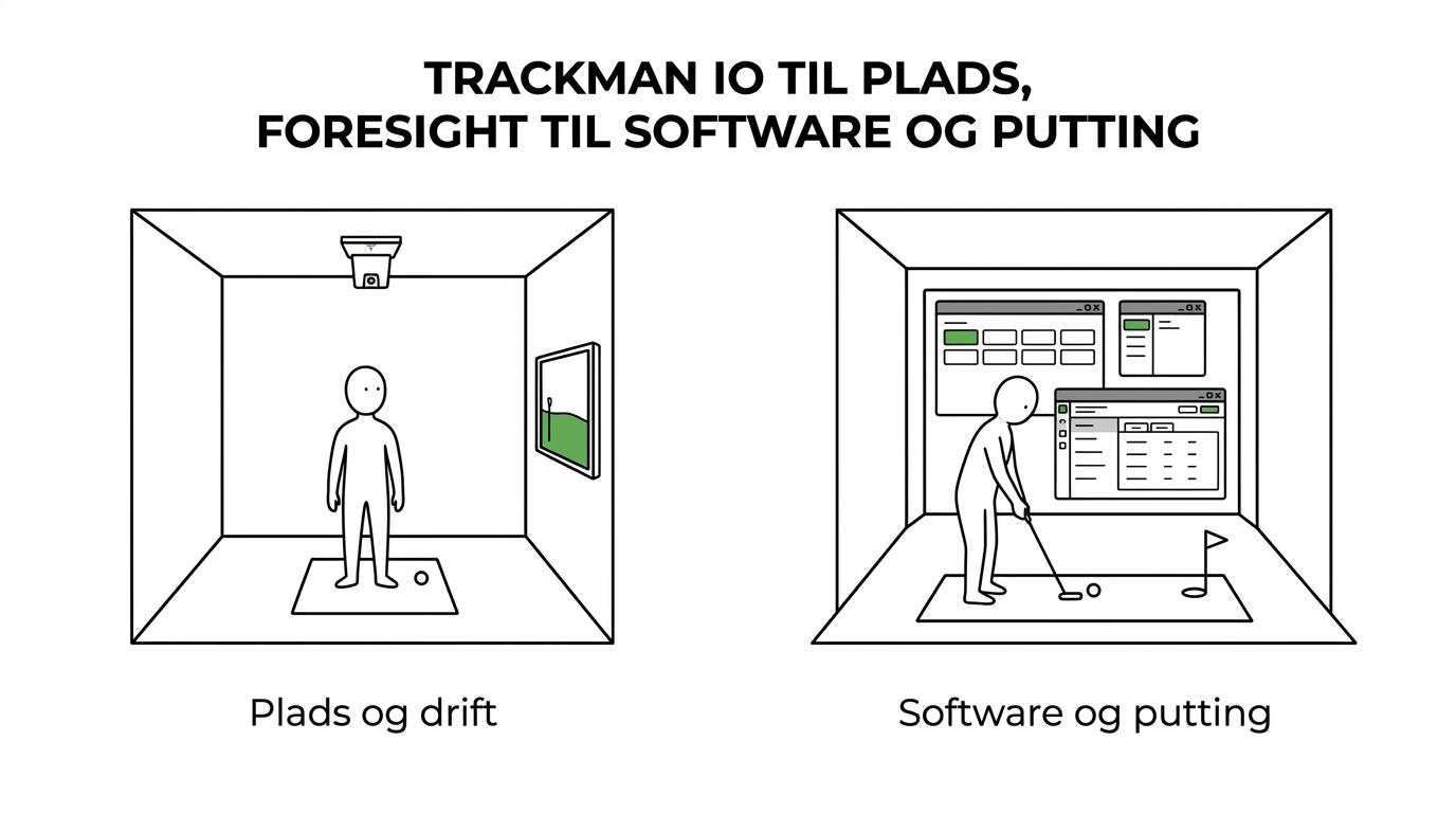 Side-by-side sammenligning af TrackMan iO med Foresight Falcon og GCQuad på pladsbehov, software, putting-data og daglig brug.