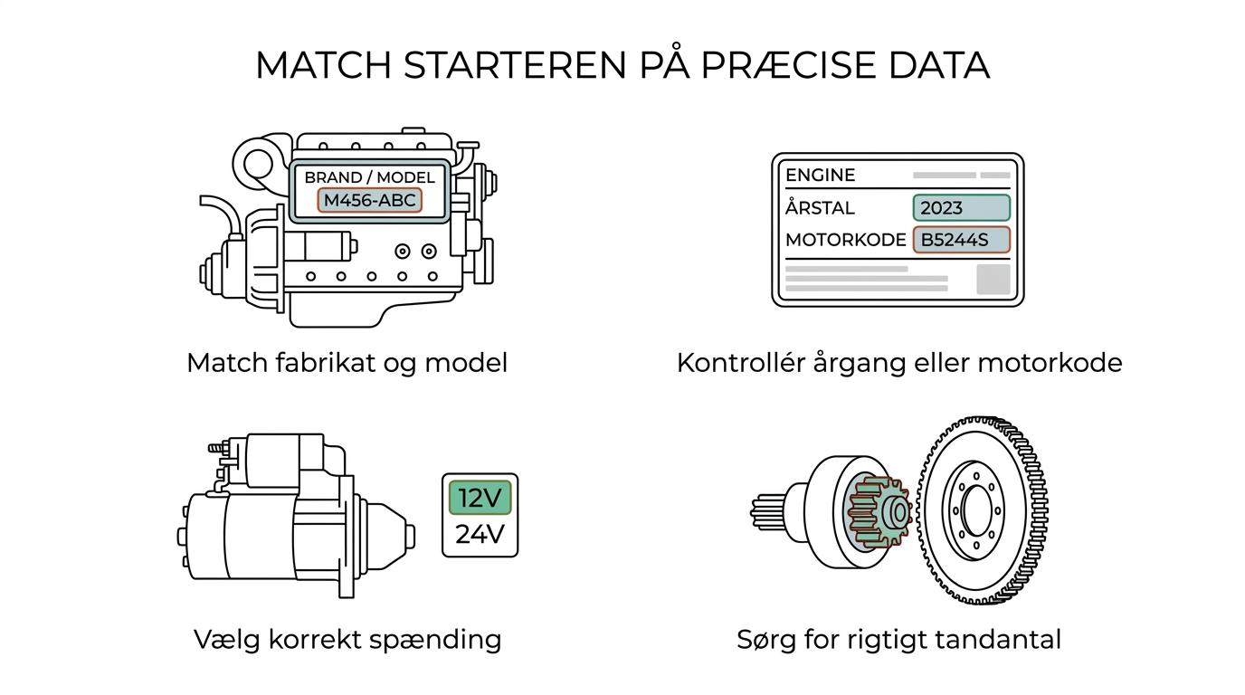 Visual checklist of the key boat starter specs to verify: manufacturer, model, year, voltage, tooth count, and application.