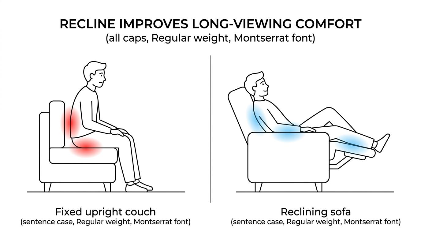 Side-by-side view of a person watching TV on a fixed upright couch versus a reclining sofa, showing differences in leg support, body posture, and screen sightline.