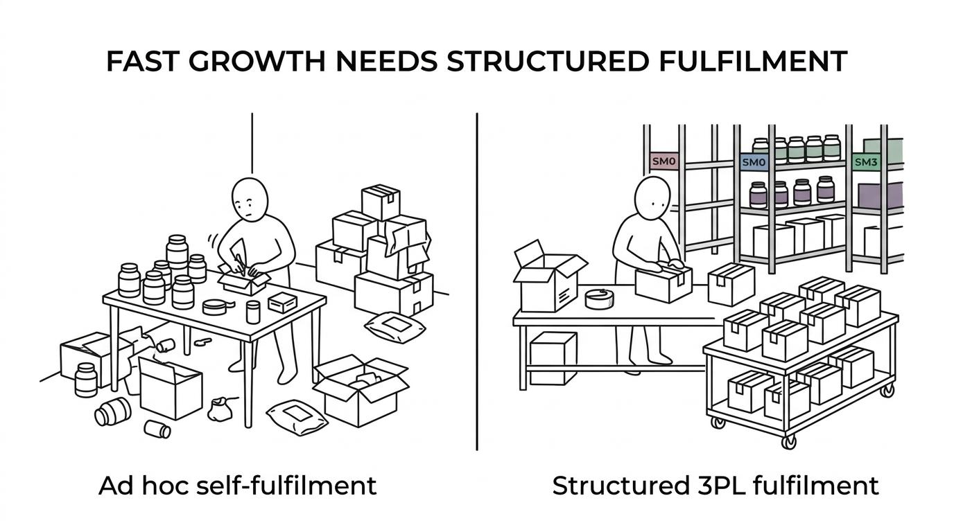 Side-by-side comparison of a small self-fulfilment supplement setup and an organized growth-stage warehouse with live inventory, batch control, and continuous pick-and-pack.
