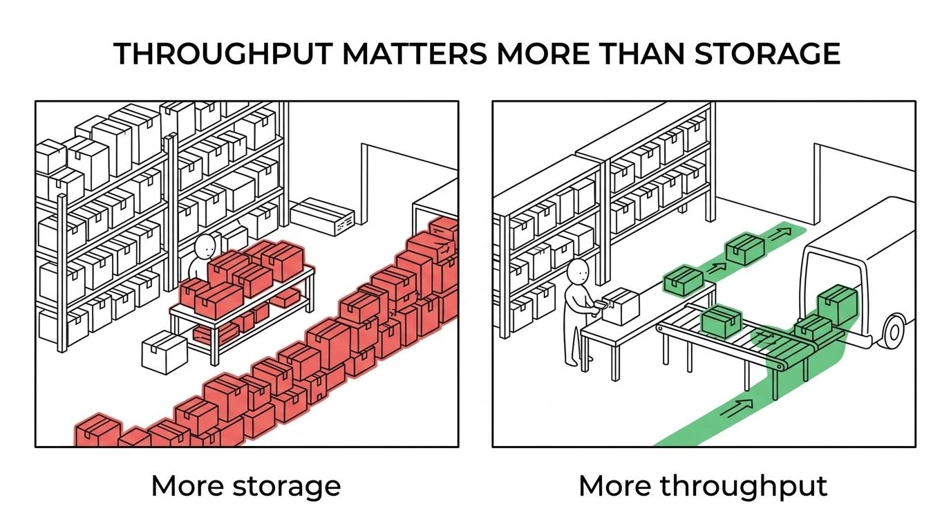 Side-by-side warehouse comparison showing one operation overwhelmed by a sudden order surge and another handling the spike with synced inventory, active picking, and same-day dispatch.