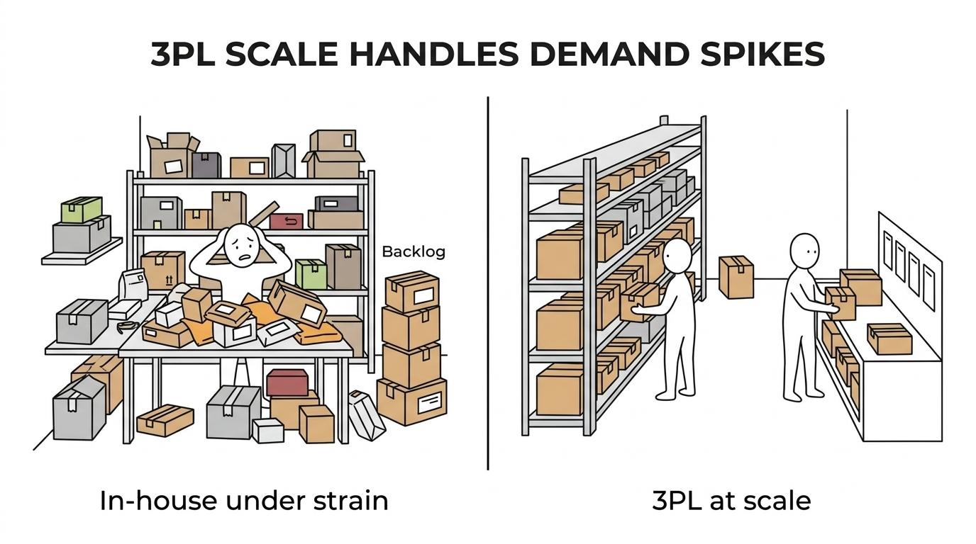 Side-by-side comparison of in-house fulfilment under growth pressure versus 3PL support for stock accuracy, dispatch speed, picking, integrations, and returns.