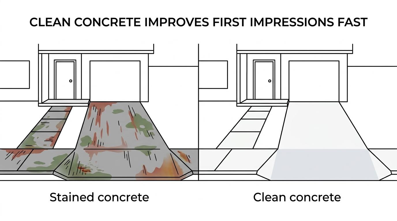 Side-by-side view of a concrete driveway and walkway before and after professional cleaning, showing red clay, algae, and dark buildup removed.