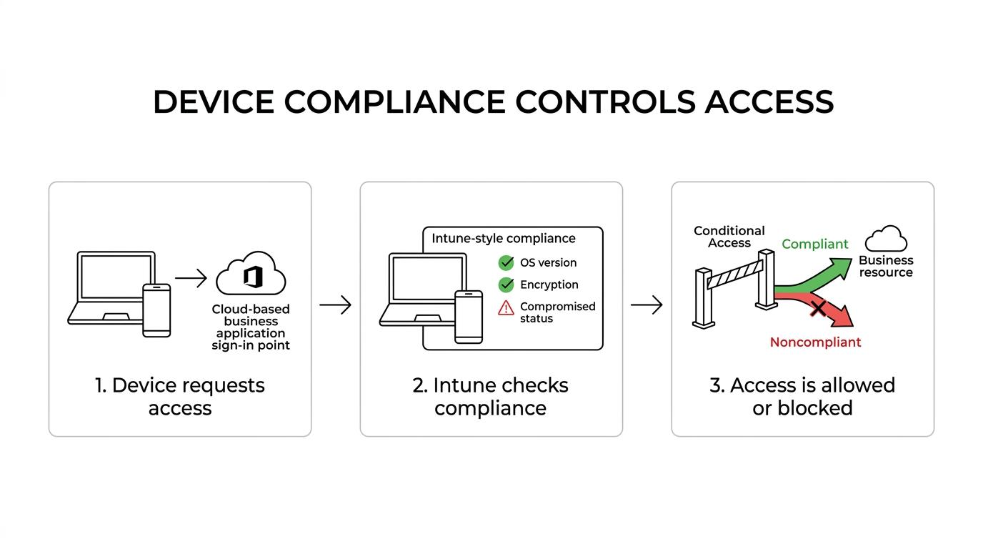Process diagram showing device compliance checks feeding Conditional Access, which then allows or blocks access to Microsoft 365 resources.