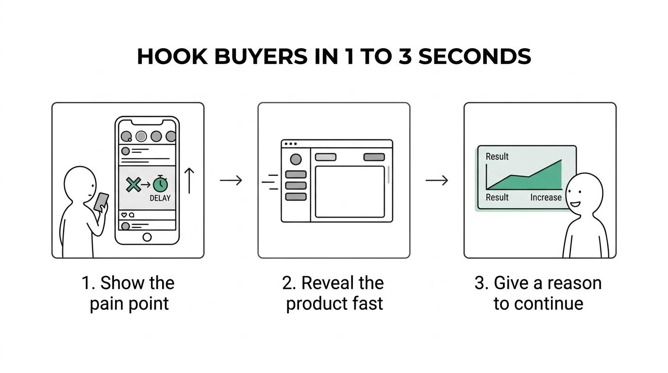 Three-step process showing a B2B product video hook: pain point or outcome, quick product reveal, and a reason to keep watching within the first three seconds.