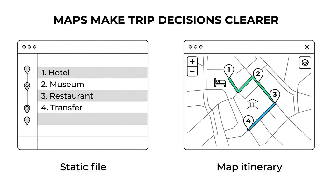 Side-by-side view of a static itinerary document and an interactive trip map with ordered stops, routes, and nearby attractions.
