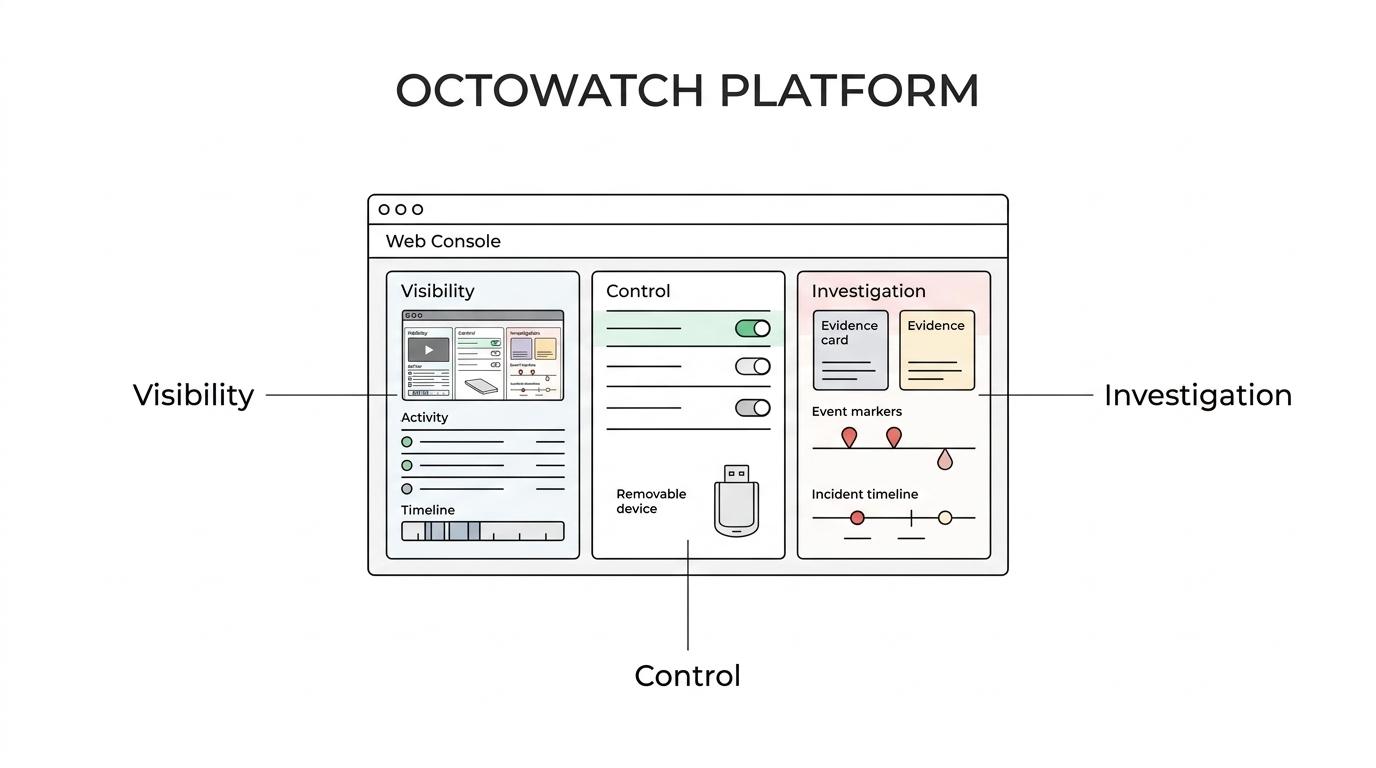 Diagram of the OctoWatch Windows platform connecting endpoint monitoring, DLP controls, investigations, remote control, and a centralized Web Console across cloud and on-premise deployments.