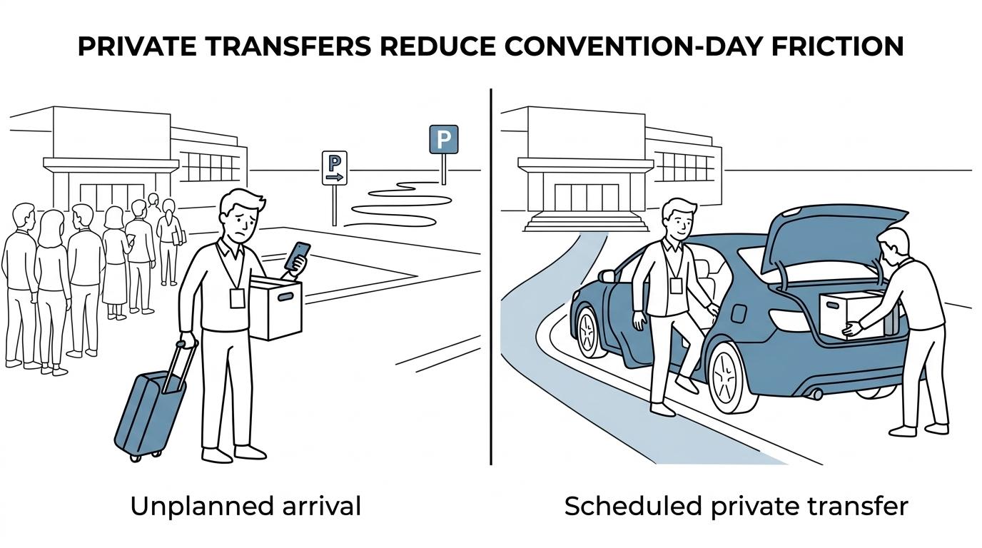 Side-by-side comparison of private convention car service versus rideshare or self-parking for Orange County Convention Center trips.