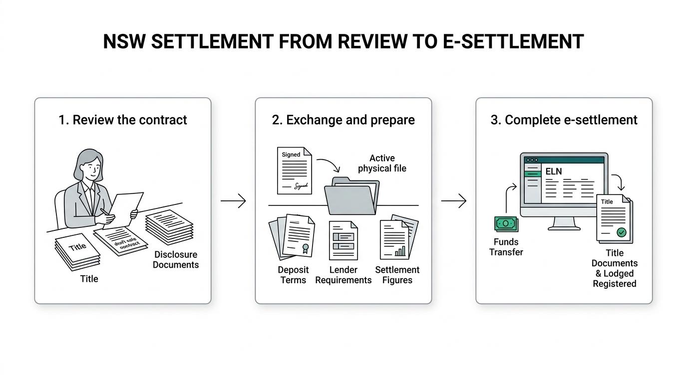 Flow diagram showing the NSW buyer journey from contract review and exchange through finance, checks, and electronic settlement.