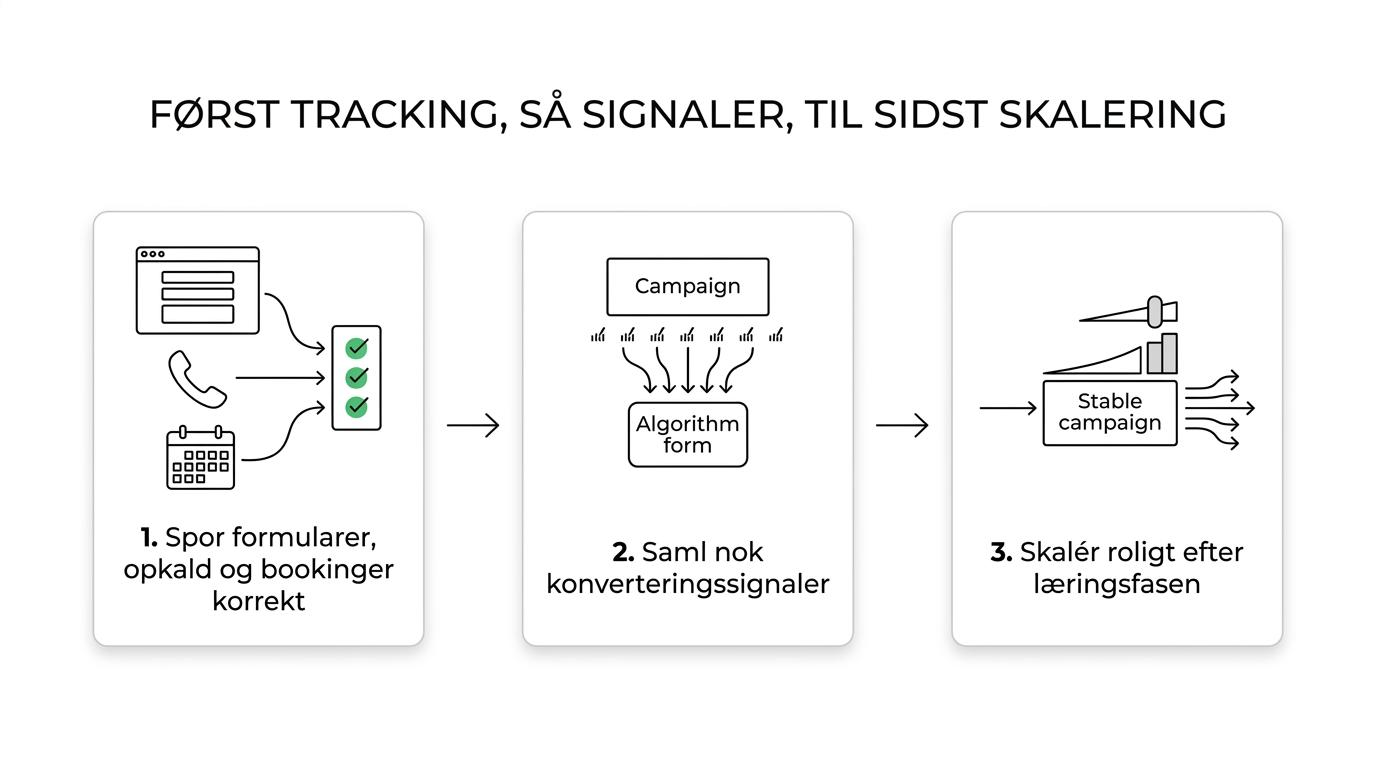 Flowdiagram med trin fra korrekt tracking og konverteringsmål til learning phase, 50 events og stabil skalering af leads.