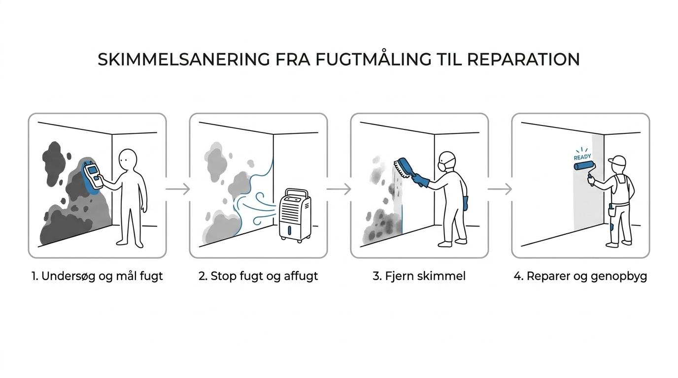 Flowdiagram over skimmelsaneringens fire trin: undersøgelse og fugtmåling, affugtning, sanering samt reparation og genopbygning.