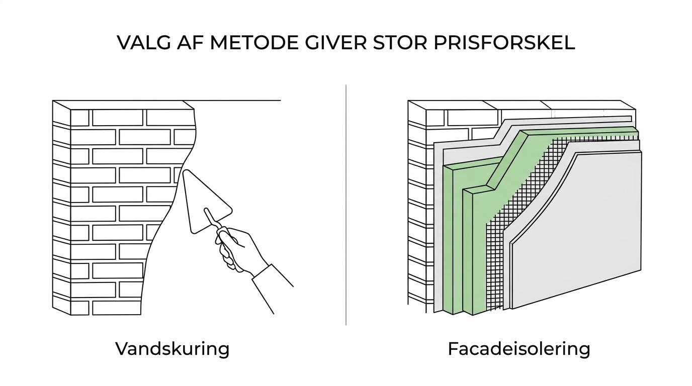 Sammenligning af vandskuring, filtsning, netpuds og facadeisolering med vejledende prisniveauer pr. kvadratmeter.