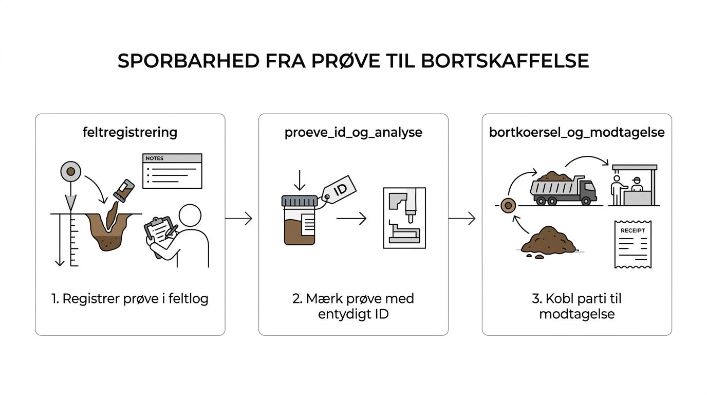Flowdiagram over PFAS-sanering fra feltlog og prøve-ID til analyse, kontrol og sporbar bortskaffelse.