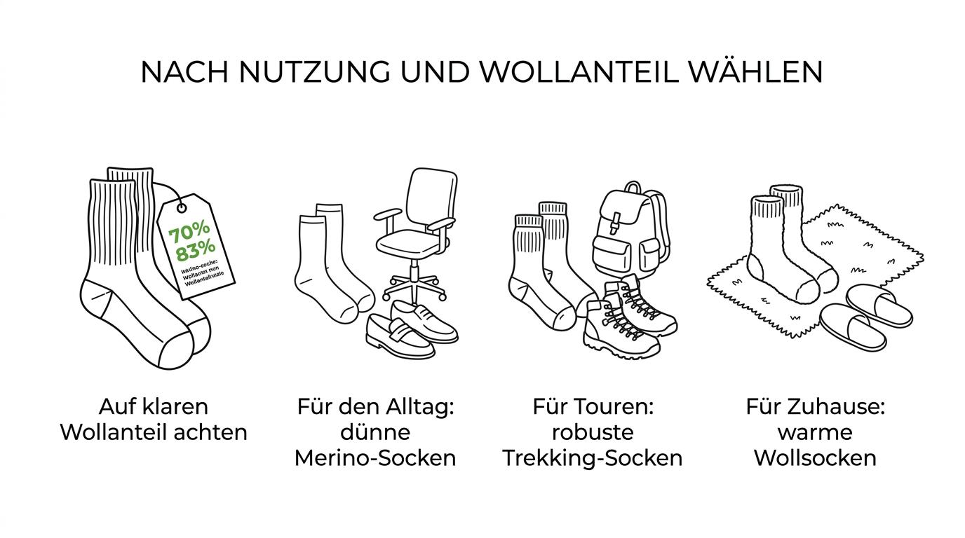 Übersicht mit drei Auswahlkriterien für Schurwollsocken: Wollanteil, Einsatzbereich und Produktdetails.