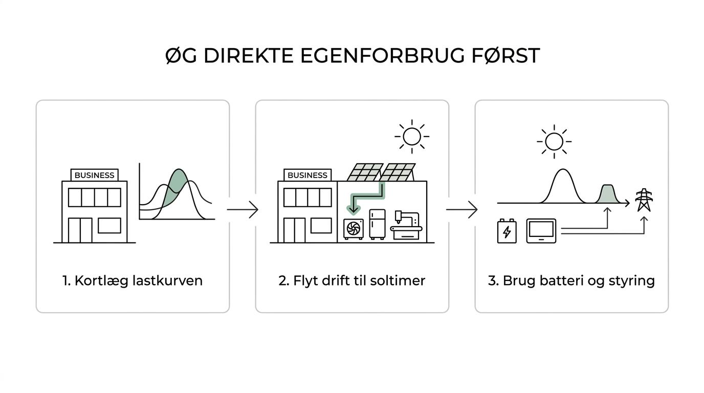 Procesdiagram, der viser smart brug af virksomhedens solstrøm fra lastkurve og direkte egenforbrug til laststyring, batteri, peak shaving og begrænset eksport.
