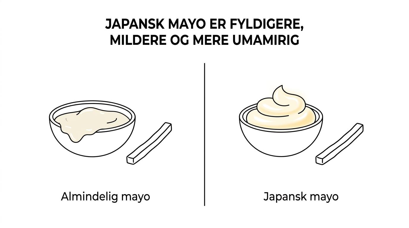 Side-by-side sammenligning af japansk mayonnaise og almindelig mayonnaise med forskelle i æg, syre, smag, tekstur og anvendelse.