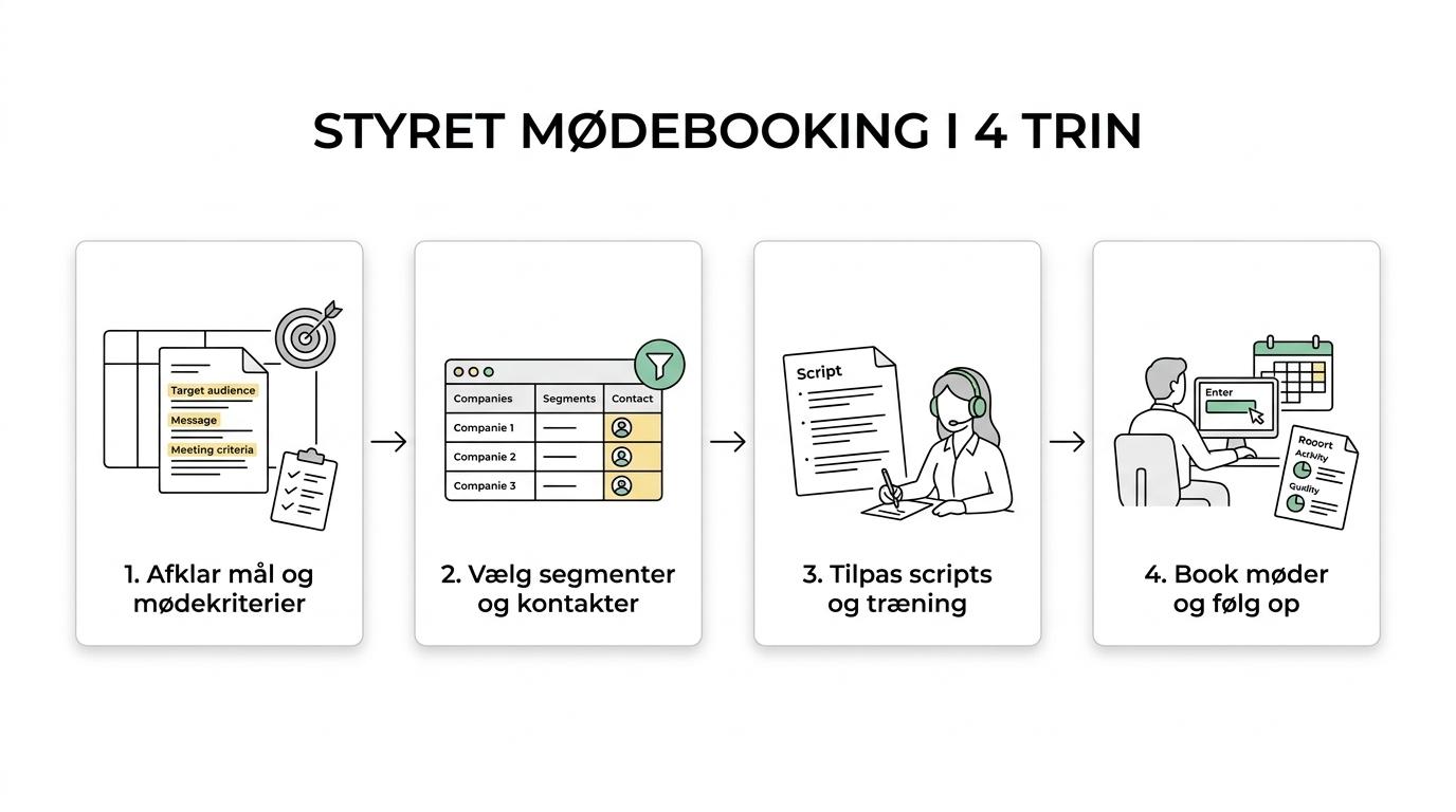 Et firetrins flow, der viser Salgs.dk’s proces for mødebooking til logistikvirksomheder: drejebog og mål, databaser og marked, scripts og træning samt eksekvering og opfølgning.