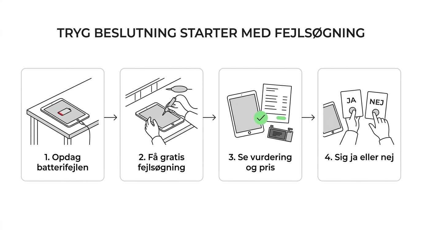 Procesgrafik, der viser iPad-batteriproblemer, gratis fejlsøgning, prisoverslag, batteriskift og en iPad klar til hverdagsbrug igen.