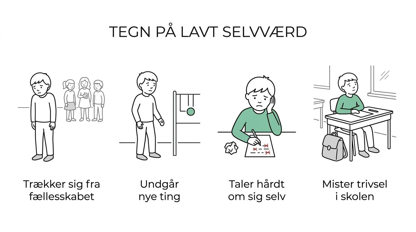7 tegn på lavt selvværd hos børn og hvad der hjælper 1 Et visuelt overblik med syv tydelige tegn på lavt selvværd hos børn, som social tilbagetrækning, undgåelse, selvkritik og faldende skoletrivsel.